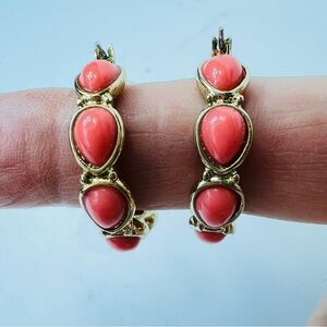 Vintage Napier Gold Tone Hoop Earrings Faux Coral 1"